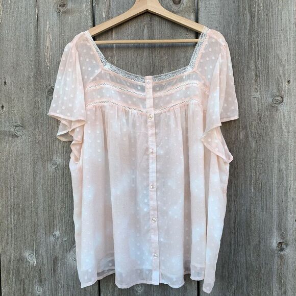 TORRID Top Womens 3XL Pale Pink Chiffon Polka Dot Button Front Blouse Crochet - Picture 4 of 14